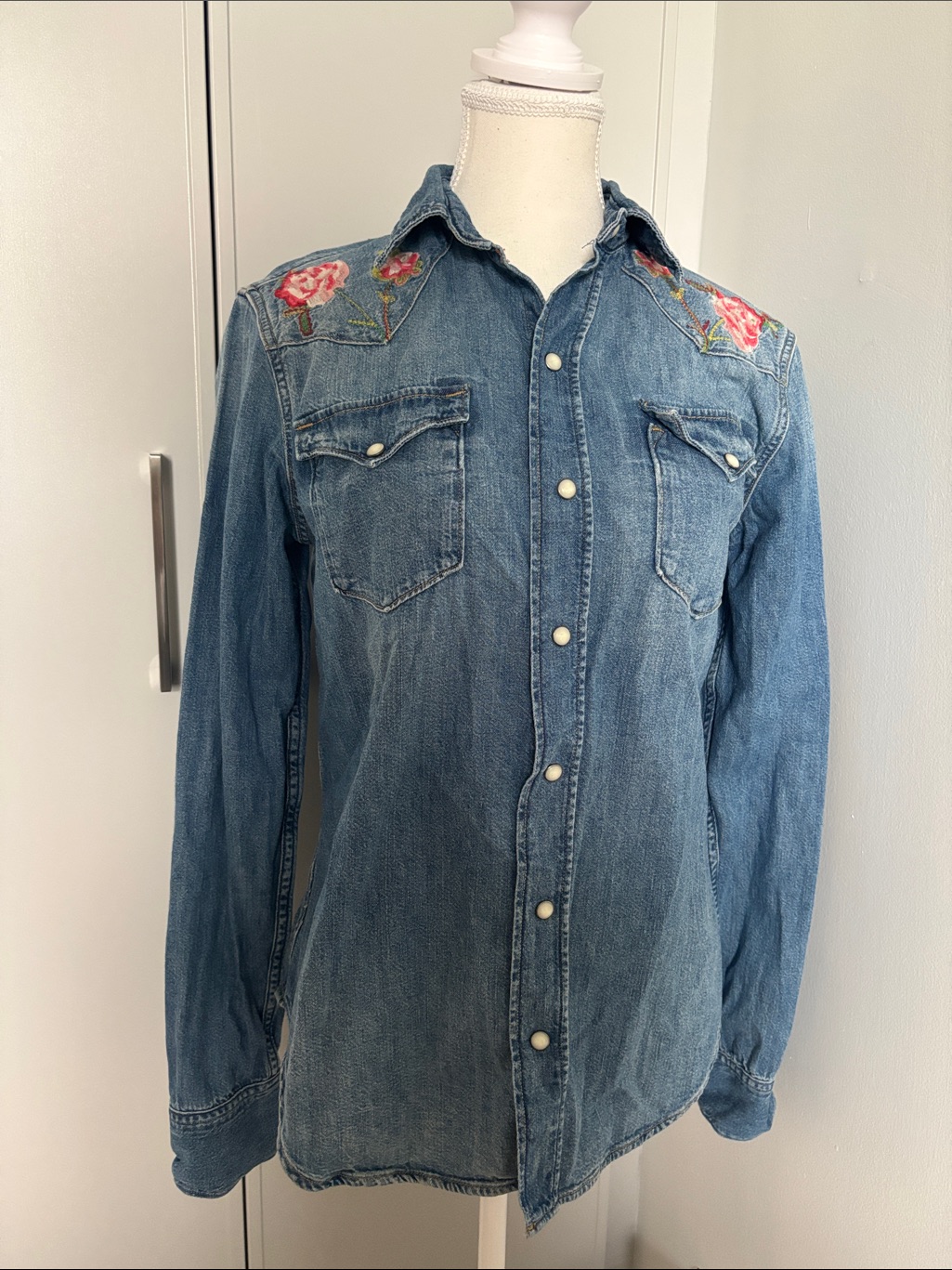 Ralph Lauren Polo Denim Western Shirt With Floral Shoulder Embroidery